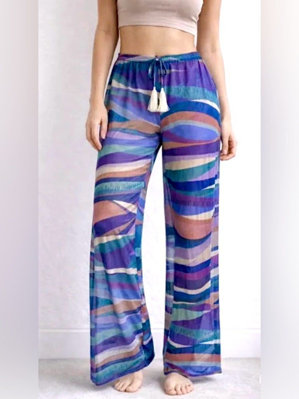 BECCA Mesh Beach Pool coverup wide leg pants purple teal size M NWT
